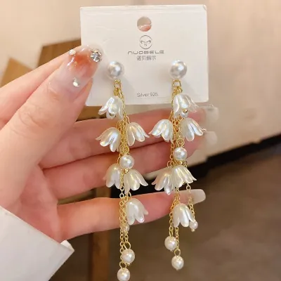 Beautiful White Floral Pearl Drop Long Earring